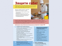Плакат под названием &quot;Защити себя&quot; на тему безопасности сотрудников ЛПУ при работе с кровью